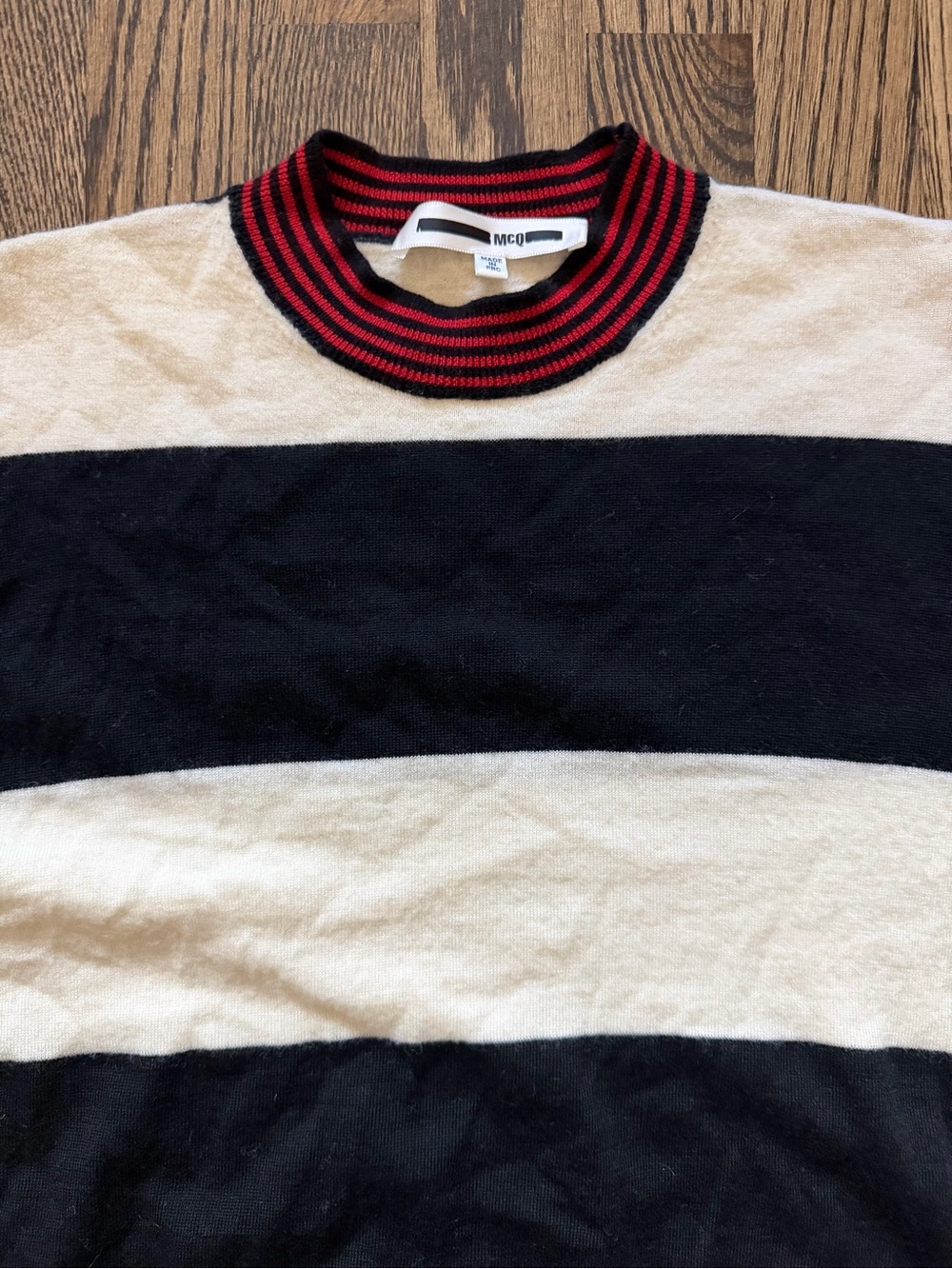 McQ by Alexander McQueen Black, White & Red Striped Crewneck Sweater